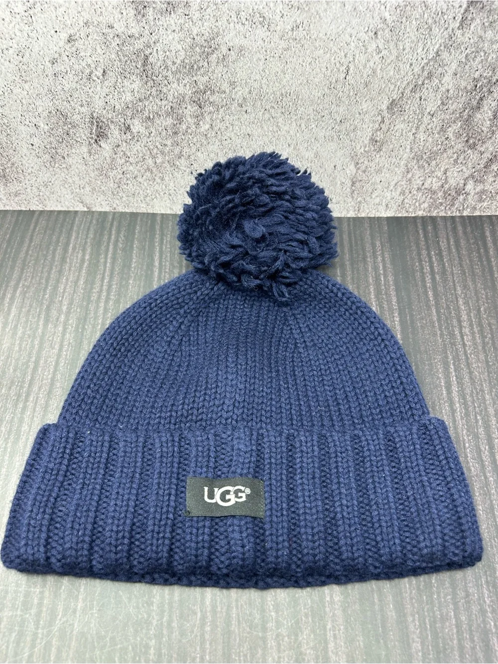 UGG M Rib Pom Hat Wool Blend Pom Navy One Size Women Knit Winter